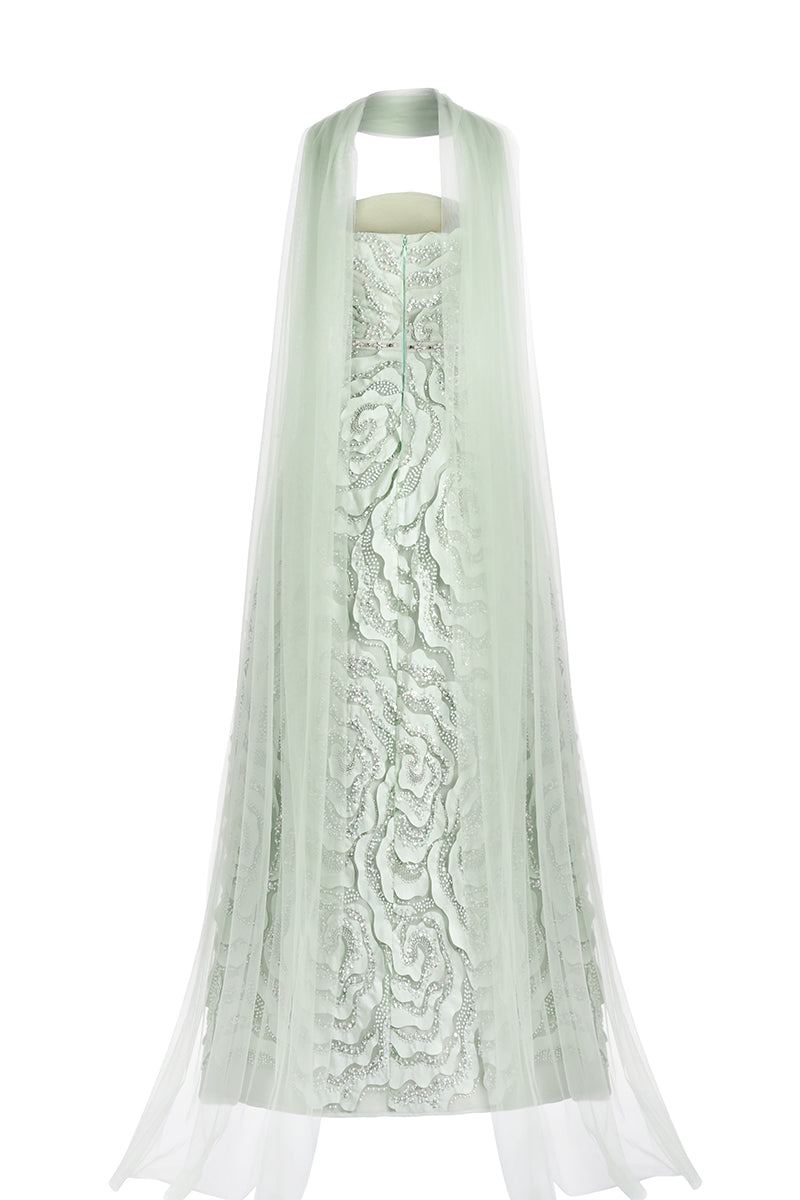 Elegant flower wave A-line gown with scarf detail by Happy Clothing, featuring flowing fabric and a stylish, feminine design.