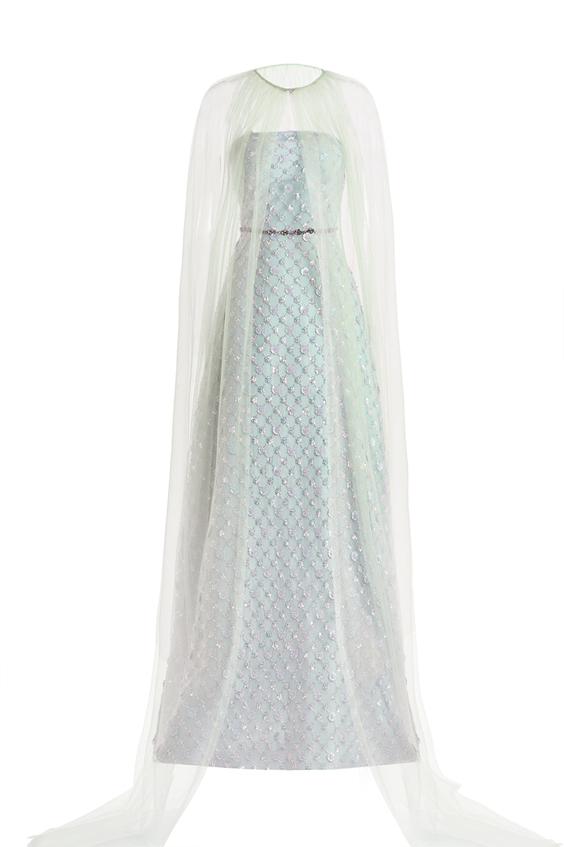 Dark mint pearl gown with scarf detail by Happy Clothing, flowing elegant dress with intricate pearl accents and soft fabric.