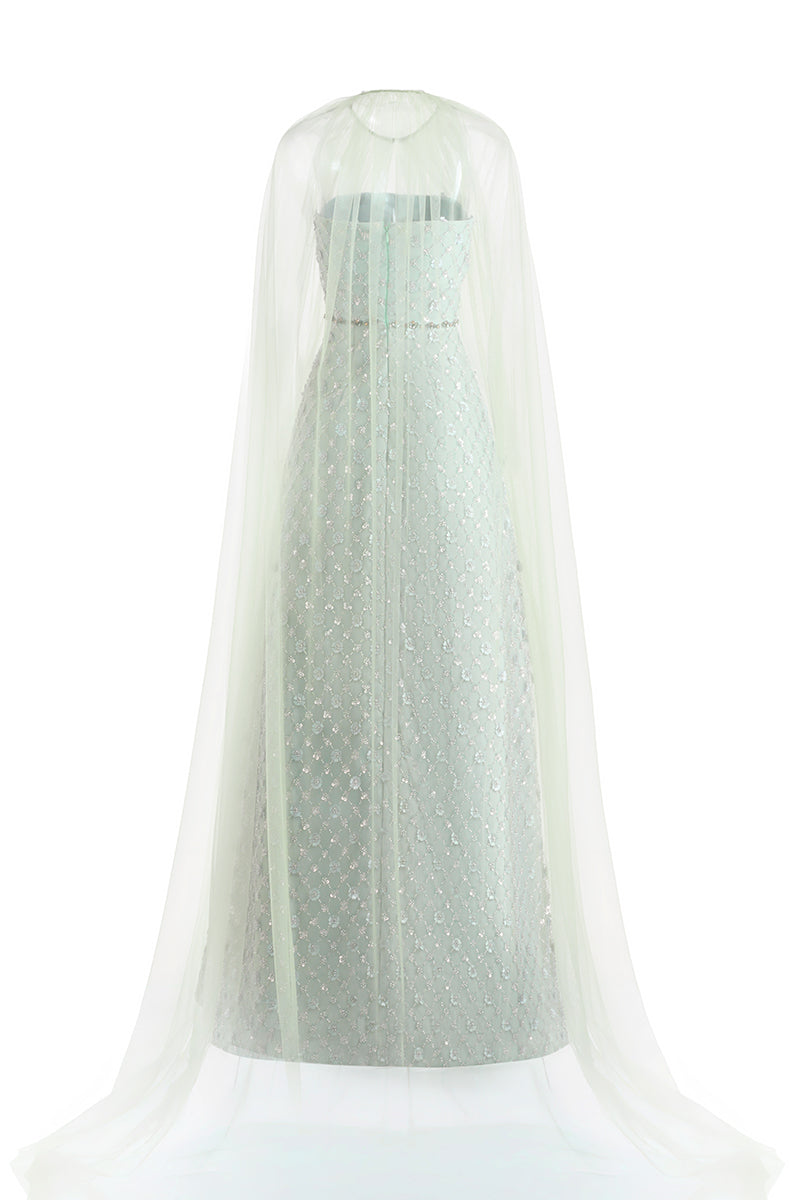 Dark mint pearl gown with scarf detail by Happy Clothing, featuring elegant fabric and flowing silhouette.