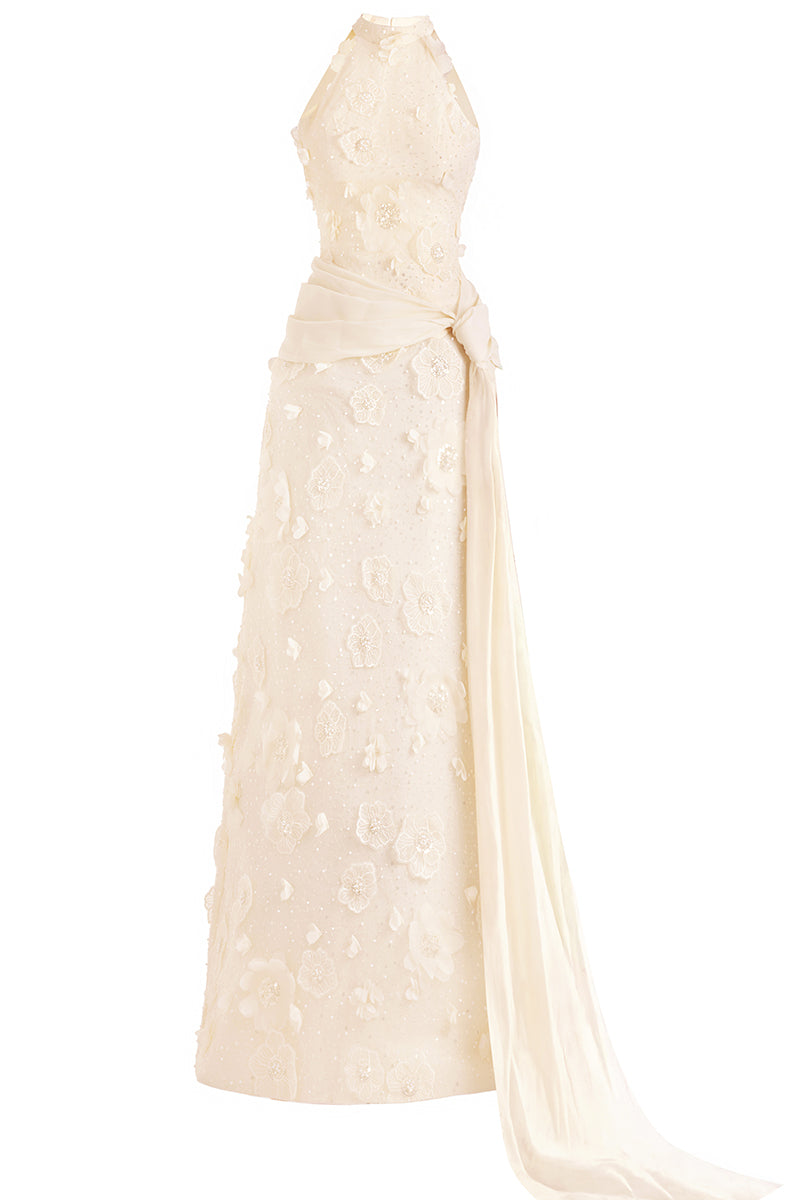 HALTER NECK MAXI DRESS WITH FLORAL DETAILS