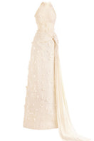 Elegant halter neck gown with floral details from Happy Clothing, featuring a flowing design perfect for formal occasions.