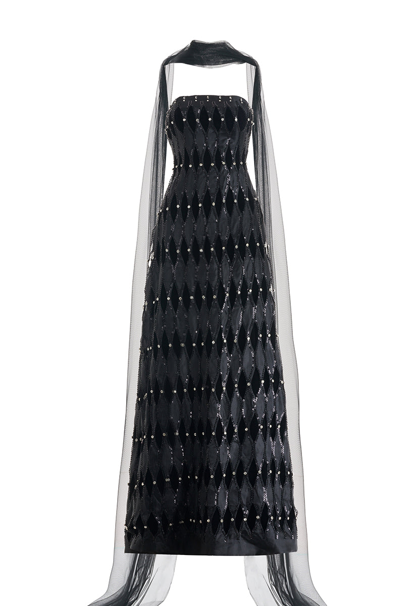 STRAPLESS STONE FLOOR LENGTH BLACK DRESS WITH SCARF DETAIL