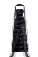 Black strapless floor-length gown with stone embellishments and scarf detail by Happy Clothing, elegant formal dress for special occasions.
