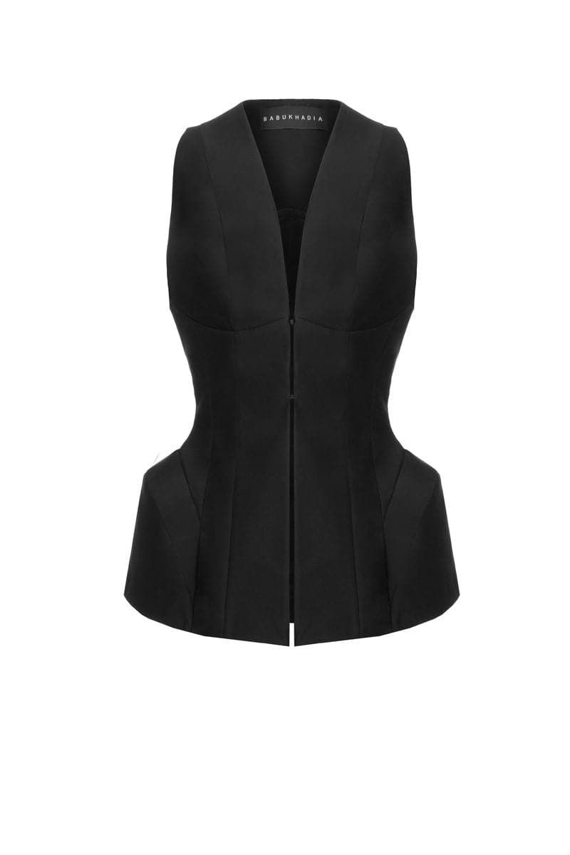 Black cutout flared top by BABUKHADIA featuring a stylish design with cutout details and flared sleeves.