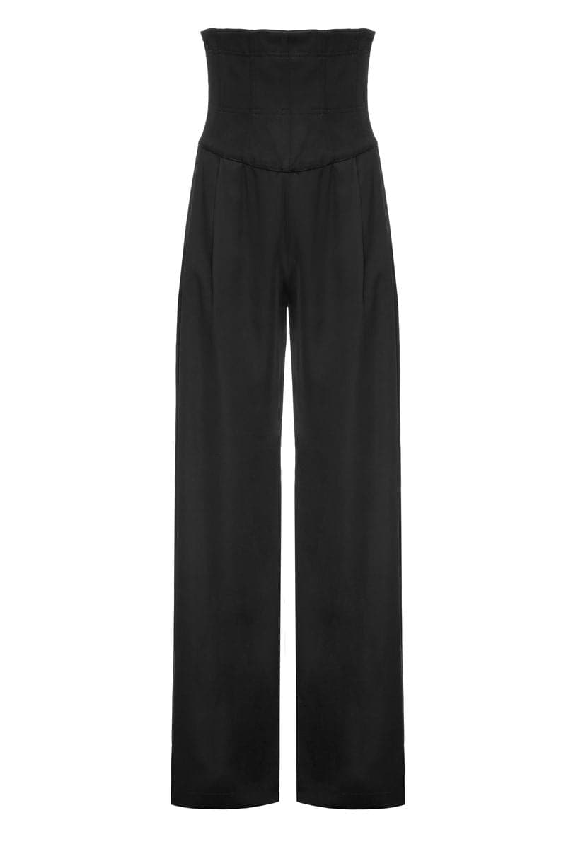 Black fitted corset-style pants by BABUKHADIA, shown on a model, highlighting slim fit and stylish design.