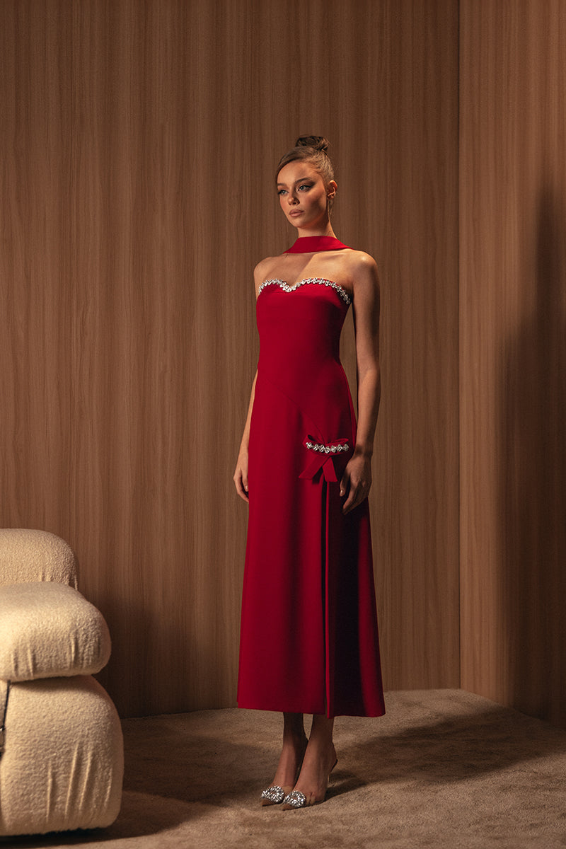 EMBROIDERED RED BOW-DETAILED DRESS - CULT MIA