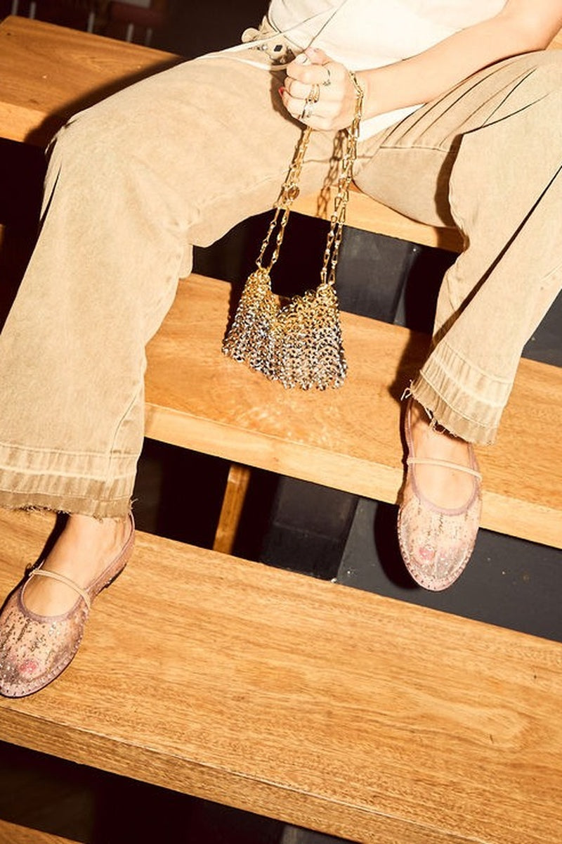 Flabelus Celie Glitter Mesh Gold Flats with sparkling gold mesh upper and comfortable flat sole, stylish and versatile footwear.