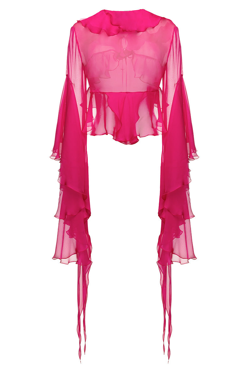 SHEER RUFFLES BLOUSE IN PINK - CULT MIA