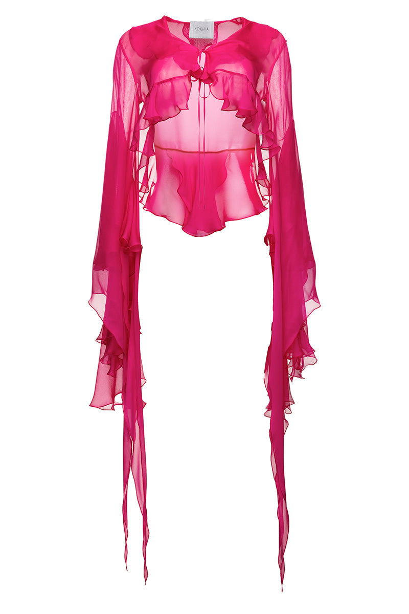 SHEER RUFFLES BLOUSE IN PINK - CULT MIA