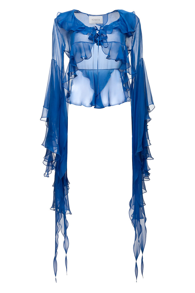 SHEER RUFFLES BLOUSE IN BLUE - CULT MIA