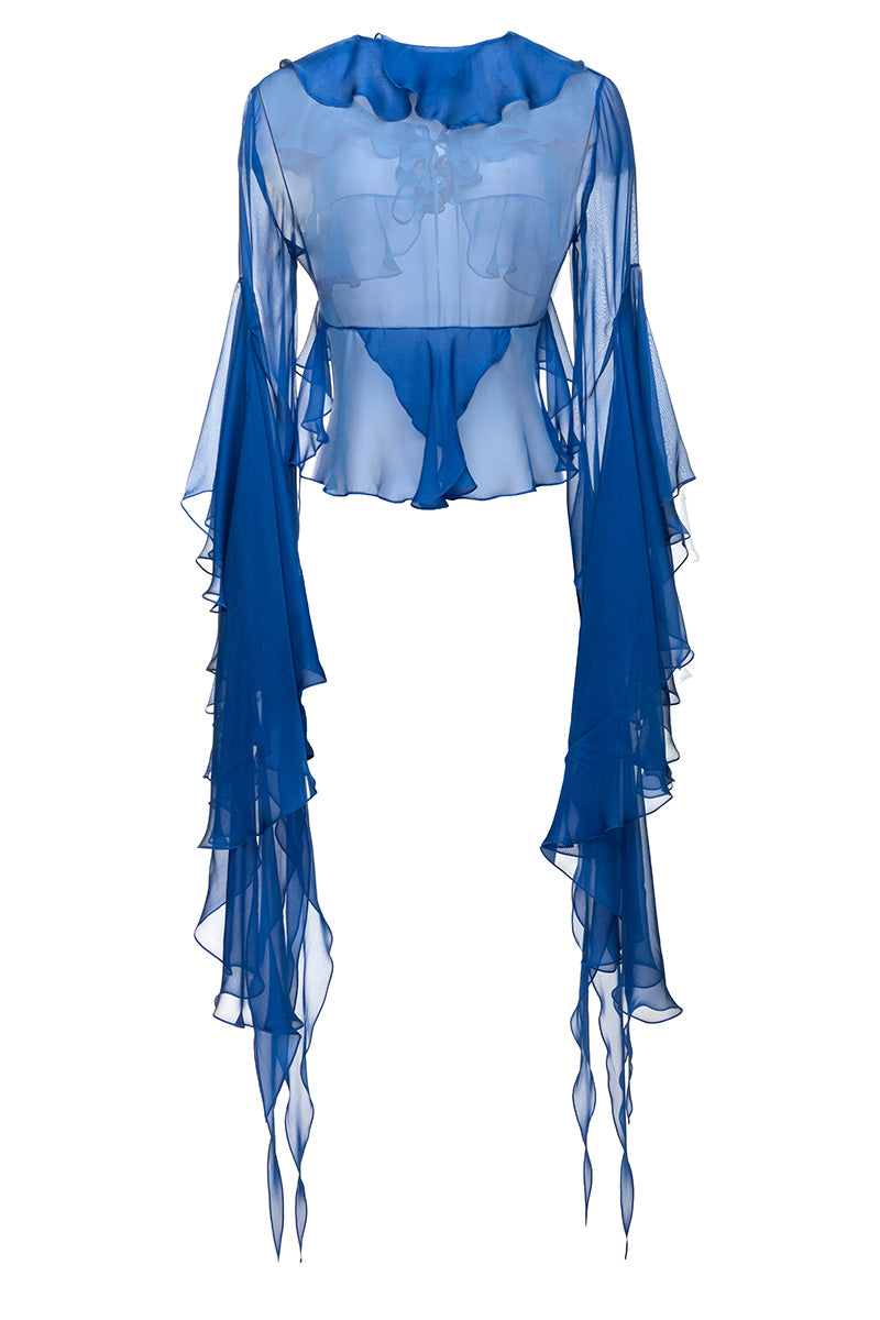 SHEER RUFFLES BLOUSE IN BLUE - CULT MIA