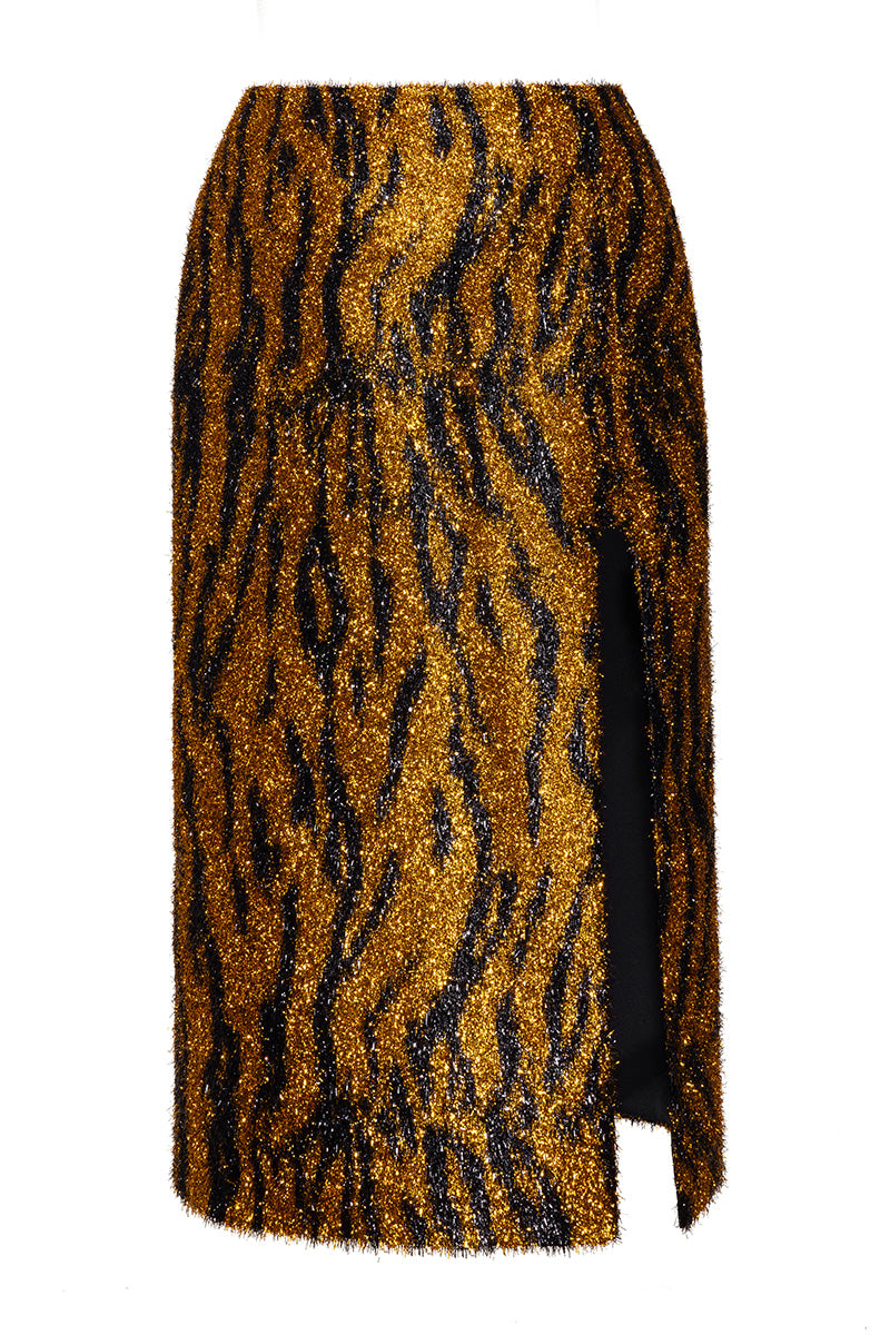 FUZZY HIGH SLIT MIDI SKIRT IN LEOPARD PRINT - CULT MIA