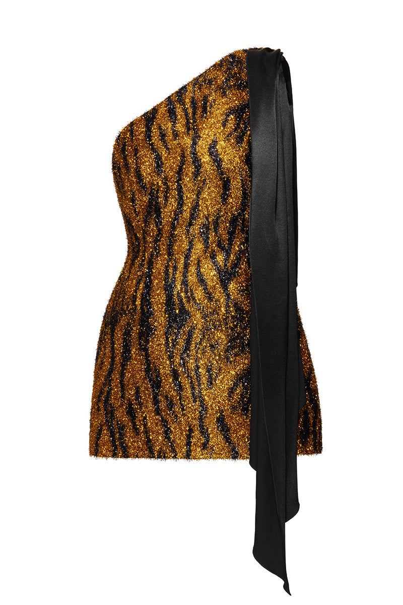 FUZZY ONE SHOULDER MINI DRESS IN LEOPARD PRINT - CULT MIA