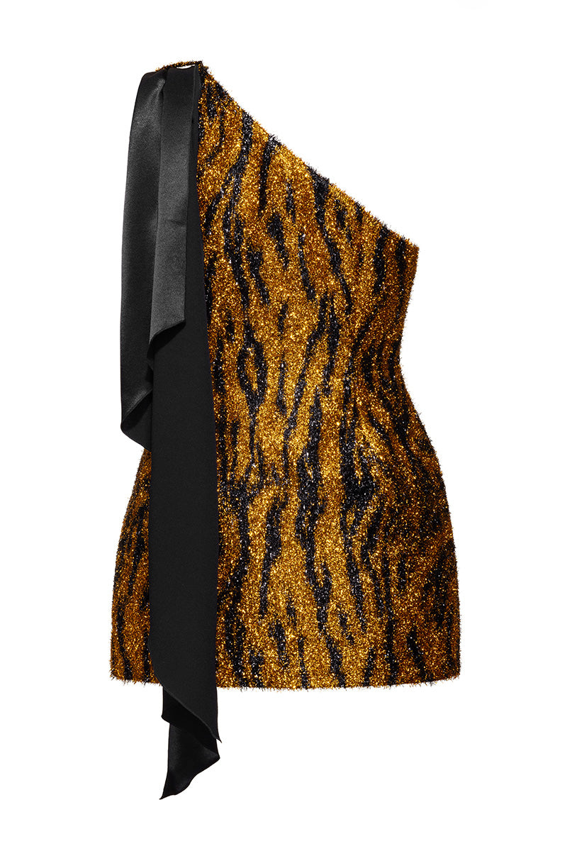 FUZZY ONE SHOULDER MINI DRESS IN LEOPARD PRINT - CULT MIA