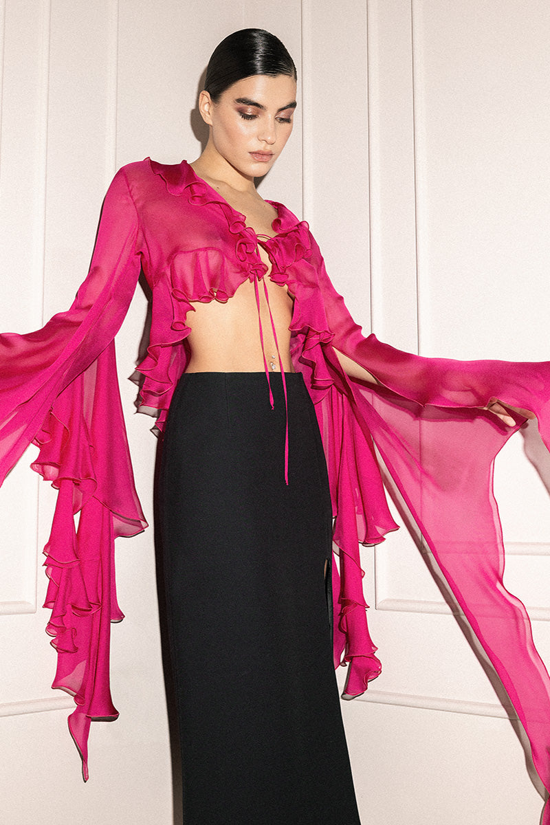SHEER RUFFLES BLOUSE IN PINK - CULT MIA
