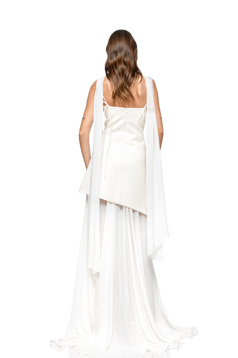White MEA dress by MATTERS, a stylish mini dress with a fitted silhouette and elegant design, shown in the image.