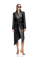 Matters black Reign trench coat displayed on a hanger, showcasing its classic design and tailored fit.