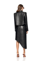 Matters black Reign trench coat displayed on hanger, showcasing classic double-breasted design and sleek fabric.