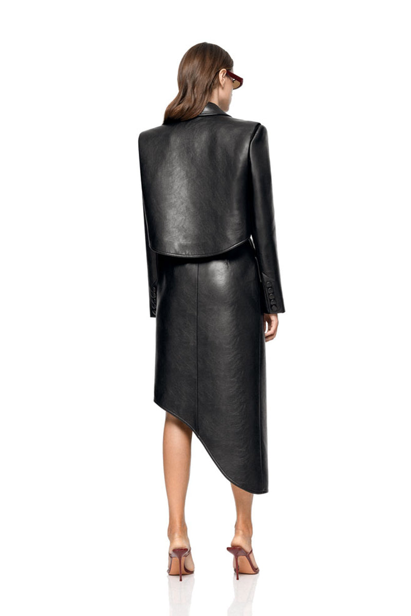 Matters black Reign trench coat displayed on hanger, showcasing classic double-breasted design and sleek fabric.