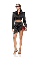 Matters LIV black blazer shown on model, tailored fit, long sleeves, notched lapel, stylish professional blazer for women.