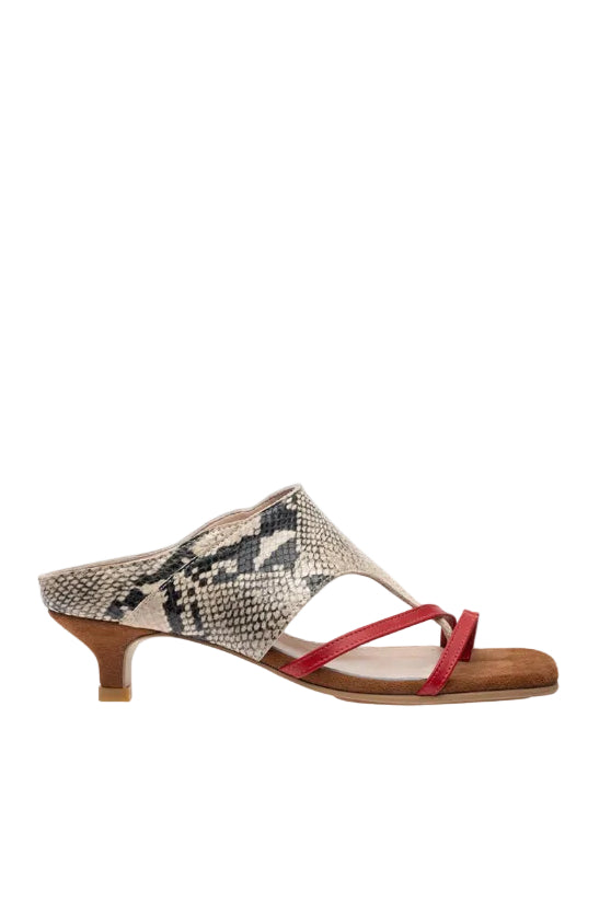 Gvasalia minimalist snake-embossed brown mule heels with sleek design and pointed toes, stylish and comfortable for everyday wear.