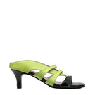 Gvasalia neon yellow asymmetric crossover heels with open toes and high stiletto heels, stylish and bold footwear for fashion-forward looks.