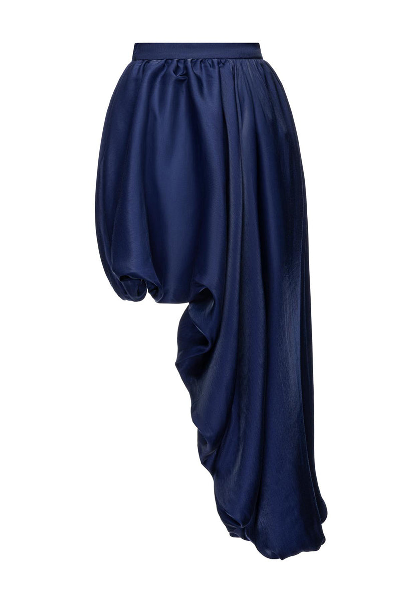 Blue draped asymmetric midi skirt by Gvasalia, featuring flowing fabric and unique design details.