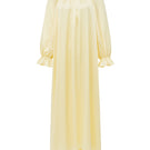 Brown silk custom gown robe by Not Just Pajama, shown hanging with smooth fabric and elegant design details.
