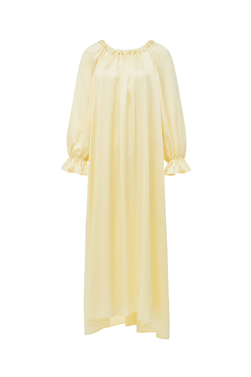 Brown silk custom gown robe by Not Just Pajama, shown hanging with smooth fabric and elegant design details.
