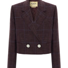 Acaria Studio Guru Crop Blazer in burgundy silk blend with blue check pattern, tailored fit, and stylish lapel collar.