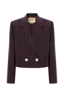 Acaria Studio Guru Crop Blazer in burgundy silk blend with blue check pattern, tailored fit, and stylish lapel collar.