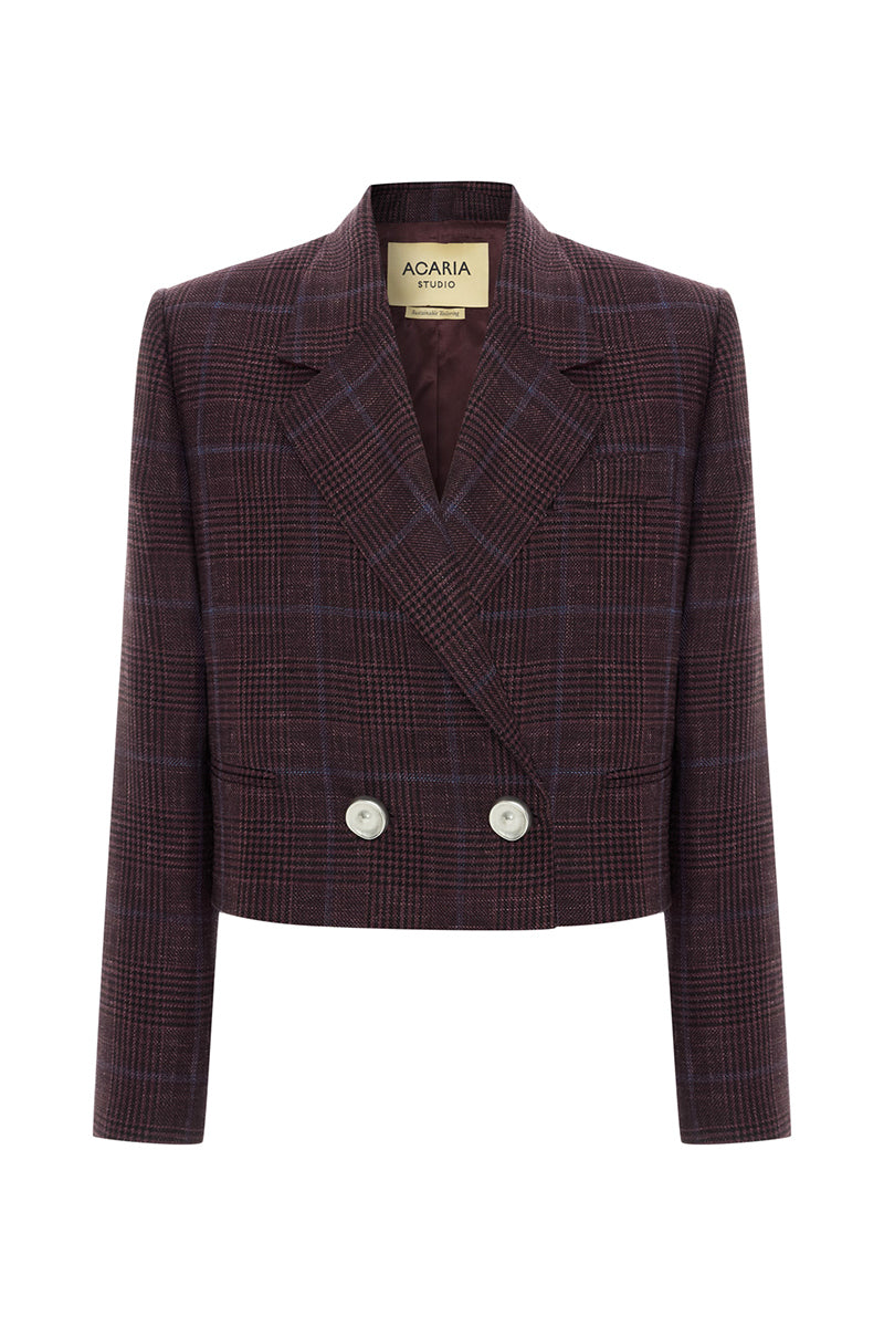 Acaria Studio Guru Crop Blazer in burgundy silk blend with blue check pattern, tailored fit, and stylish lapel collar.