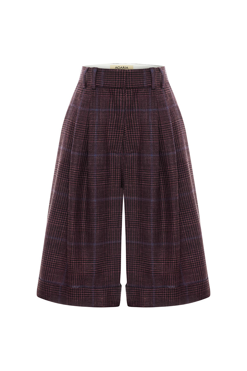 Acaria Studio burgundy shorts with blue checkered pattern, casual fit, and elastic waistband, suitable for relaxed summer wear.