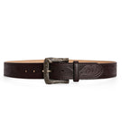 Acaria Studio brown leather belt with antique buckle, featuring smooth leather strap and classic design for versatile wear.