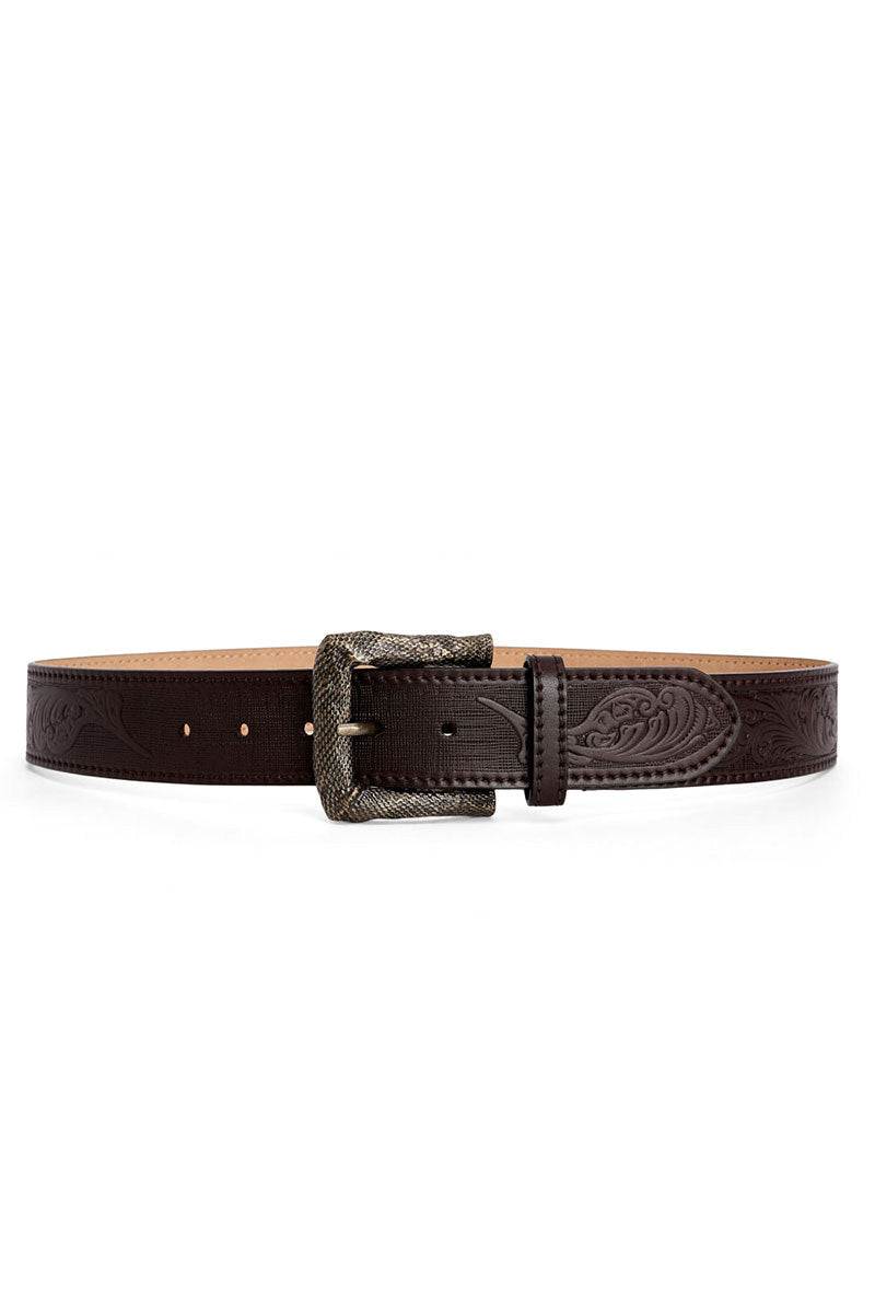 Acaria Studio brown leather belt with antique buckle, featuring smooth leather strap and classic design for versatile wear.