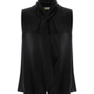 Black satin top from Acaria Studio featuring a stylish, smooth fabric with a fitted, sleeveless design.