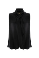 Black satin top from Acaria Studio featuring a stylish, smooth fabric with a fitted, sleeveless design.