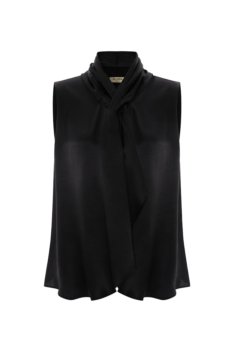 Black satin top from Acaria Studio featuring a stylish, smooth fabric with a fitted, sleeveless design.