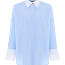 Blue French shirt by Acaria Studio featuring a classic fit, styled with a collar and button front, displayed on a hanger.