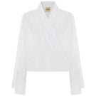 White historical shirt from Acaria Studio featuring classic design with buttons and long sleeves, displayed on a hanger.