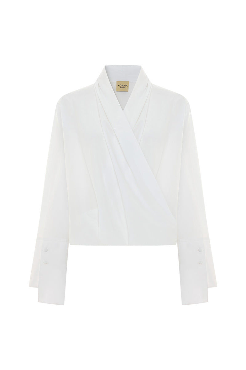 White historical shirt from Acaria Studio featuring classic design with buttons and long sleeves, displayed on a hanger.