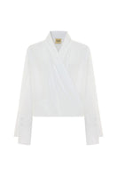 White historical shirt from Acaria Studio featuring classic design with buttons and long sleeves, displayed on a hanger.