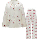 KIKI Cherry Cat 22 Momme silk long pajama set by Not Just Pajama, featuring a comfortable loungewear design in smooth silk fabric