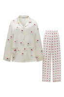 KIKI Cherry Cat 22 Momme silk long pajama set by Not Just Pajama, featuring a comfortable loungewear design in smooth silk fabric
