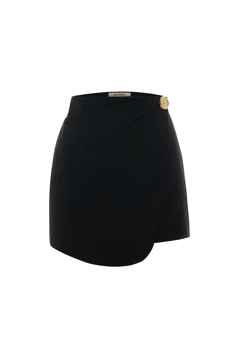 Black Rotten mini skirt by Acaria Studio, featuring a fitted design and stylish mini length, shown on a model.