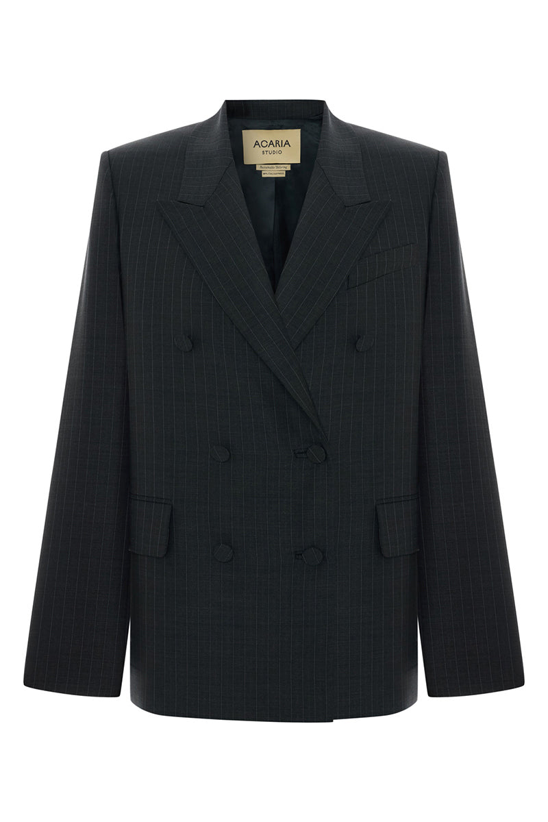 Gray striped Jasmin blazer by Acaria Studio, tailored fit with lapel collar and stylish design, displayed on a hanger.