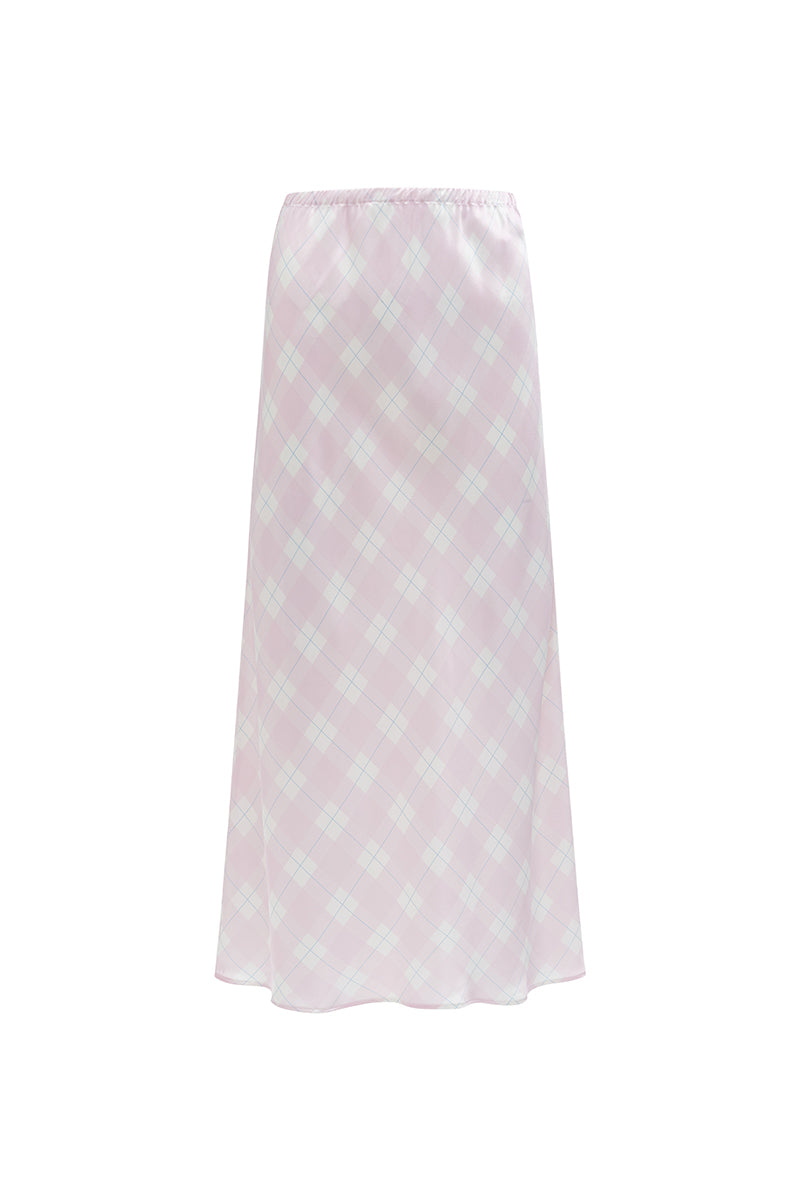 KIKI CAT 22 MOMME Mulberry Pink Silk Bias Midi Skirt by Not Just Pajama, showing the elegant silk fabric and flattering midi length.