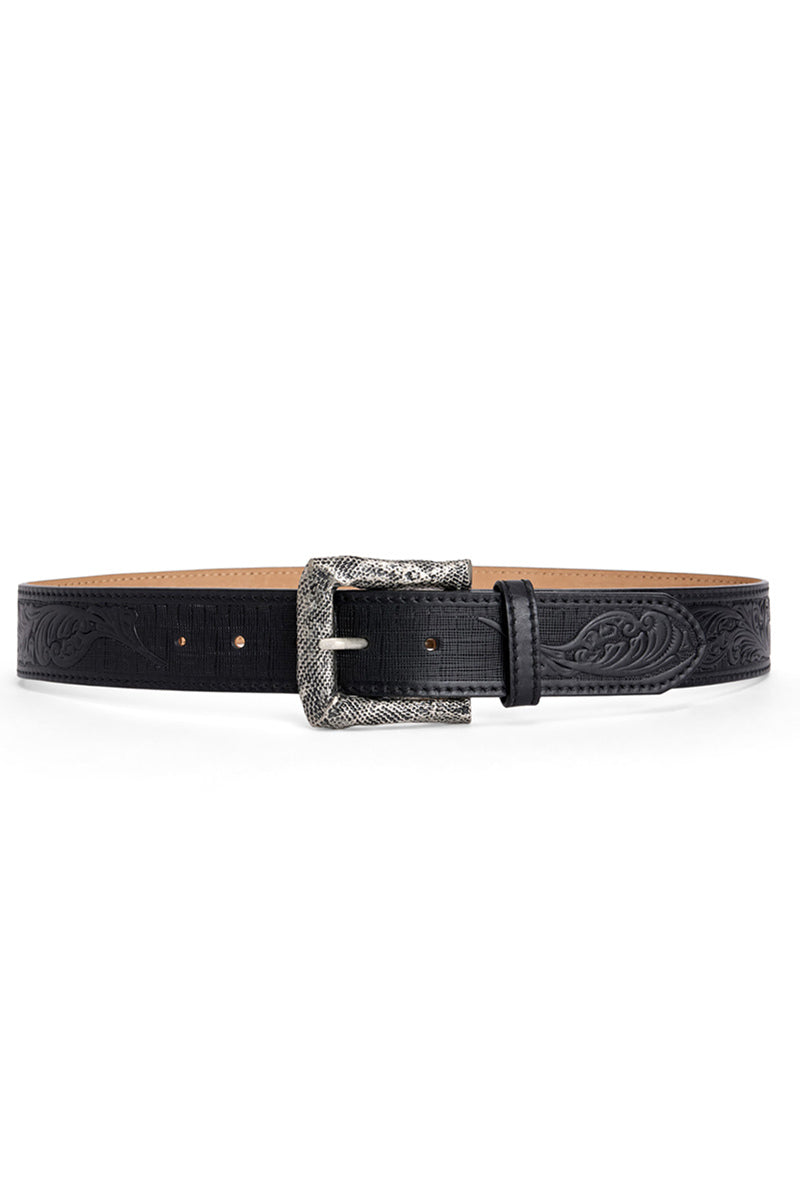 Black leather belt with silver buckle from Acaria Studio, featuring a sleek design and sturdy construction.