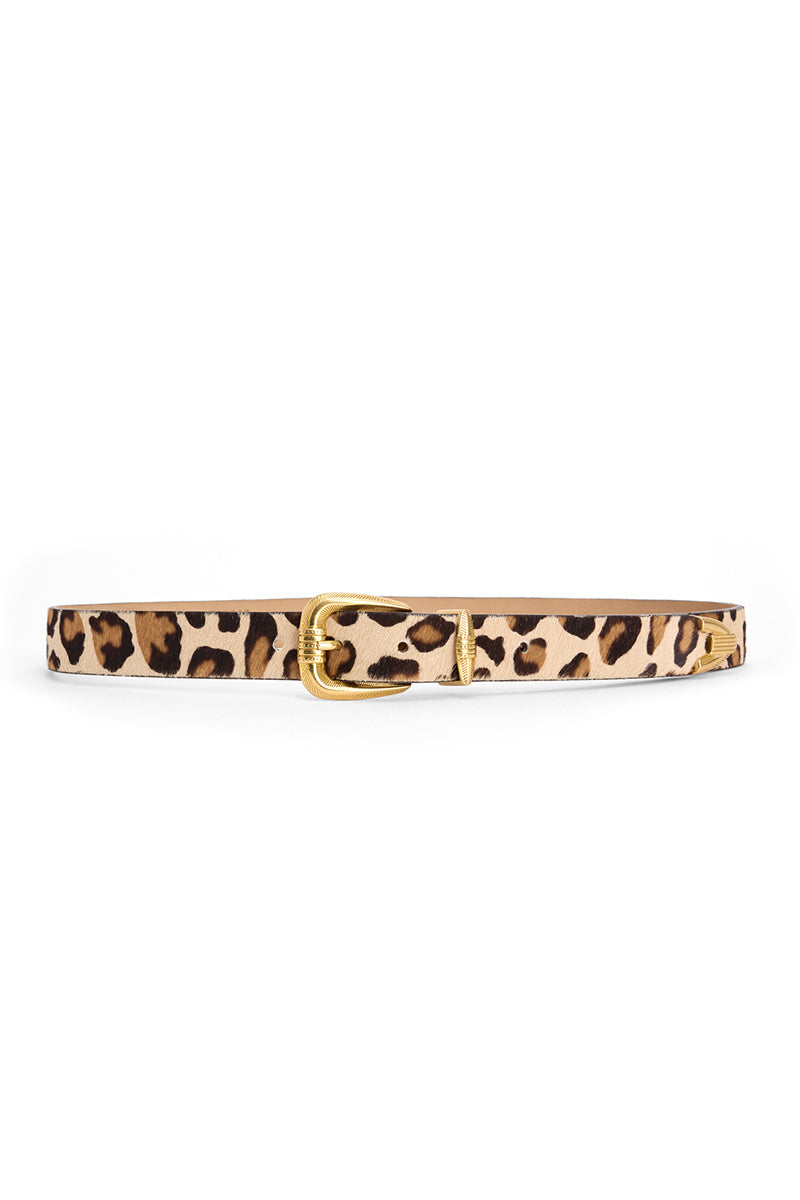 Acaria Studio leopard leather belt with bold animal print, stylish accessory for casual or dressy outfits.