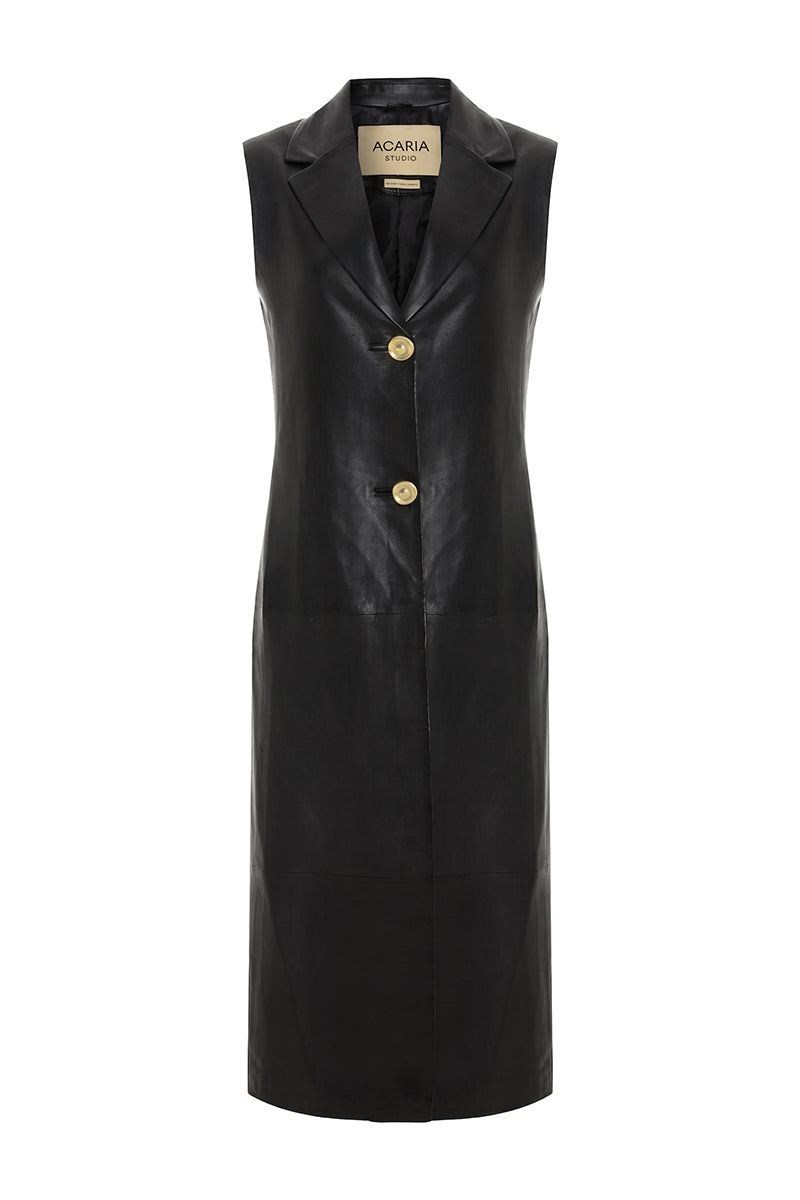 Black Mercury leather vest by Acaria Studio featuring a fitted design and smooth leather texture.